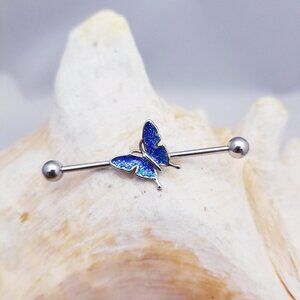 Blue glitter butterfly surgical steel Industrial barbell 14G 1-1/2"